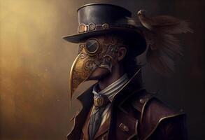 ein Mann tragen ein Steampunk Hut und ein Steampunk Maske, Fantasie Kunst, Dampfpunk. ai generiert foto