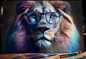 farbig Löwe mit Rezept Gläser, ein fotorealistisch malen. ai generiert foto