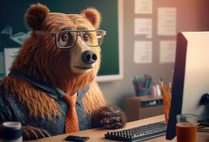 Porträt von ein anthropomorph Bär wie ein Entwickler im das Büro. ai generiert foto