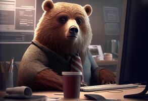 Porträt von ein anthropomorph Bär wie ein Entwickler im das Büro. ai generiert foto