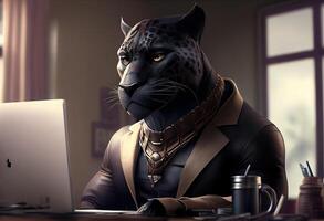 Porträt von ein anthropomorph schwarz Panther wie ein Entwickler im das Büro. ai generiert foto