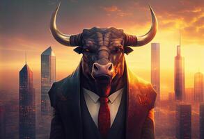 Porträt von ein anthropomorph Stier gekleidet wie ein Geschäftsmann gegen das Hintergrund von ein modern Stadt beim Sonnenuntergang. ai generiert foto