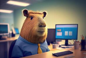 Porträt von ein anthropomorph Capybara wie ein Entwickler im das Büro. ai generiert foto