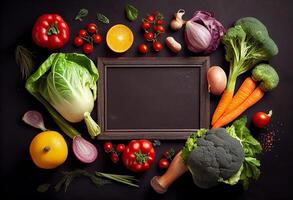 frisch köstlich Zutaten von organisch Essen zum gesund Kochen , frisch Farmer Gemüse auf ein schwarz Tafel Hintergrund. ai generiert foto