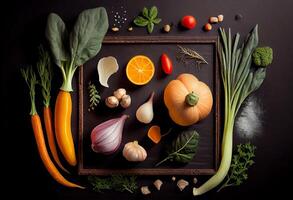 frisch köstlich Zutaten von organisch Essen zum gesund Kochen , frisch Farmer Gemüse auf ein schwarz Tafel Hintergrund. ai generiert foto