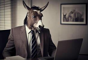 Porträt von ein anthropomorph Esel im ein passen von ein Geschäftsmann wie Büro Arbeiter im das modern Büro. ai generiert foto