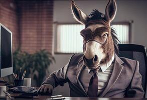 Porträt von ein anthropomorph Esel im ein passen von ein Geschäftsmann wie Büro Arbeiter im das modern Büro. ai generiert foto