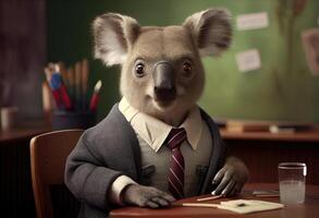 Porträt von ein anthropomorph Koala gekleidet wie ein Schüler im ein Klassenzimmer. ai generiert foto