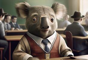 Porträt von ein anthropomorph Koala gekleidet wie ein Schüler im ein Klassenzimmer. ai generiert foto