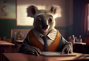 Porträt von ein anthropomorph Koala gekleidet wie ein Schüler im ein Klassenzimmer. ai generiert. foto