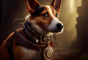 Hund mit ein Steampunk Uhr Lanyard um seine Hals schützen ein sicher. ai generiert foto