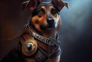 Hund mit ein Steampunk Uhr Lanyard um seine Hals schützen ein sicher. ai generiert foto