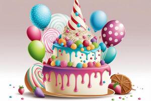 Feier Party Geburtstag Kuchen mit viele von Glasur und Dekorationen. ai generiert foto