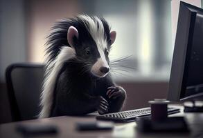 Porträt von ein anthropomorph Skunk wie ein Entwickler im das Büro. ai generiert. foto