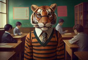 Porträt von ein anthropomorph Tiger gekleidet wie ein Schüler im ein Klassenzimmer. ai generiert. foto