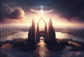 Neu Stadt im Himmel, Paradies Stadt, Leben nach dem Tod, Symbol von Christentum. ai generiert. foto