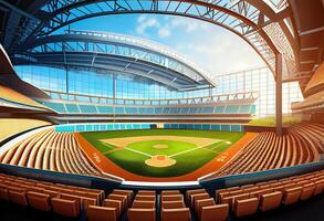 großartig Baseball Stadion Feld Diamant Tageslicht Sicht, modern Öffentlichkeit Sport Gebäude. ai generiert. foto