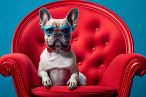 Französisch Bulldogge Hund im runden Sonnenbrille sitzt auf ein rot Stuhl auf ein Blau Hintergrund. ai generiert foto