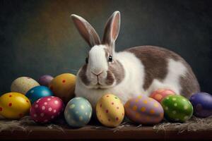 süß Hase mit Ostern Ei, bunt Hintergrund. ai generiert foto