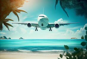 Flugzeug fliegend über tropisch Meer Strand , Thema von Reise im Sommer- Ausflug , Ferien Wochenende und tourismus.ai generiert foto