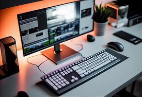 Schuss von ein Desktop Computer und Tastatur und Maus im das kreativ modern office.ai generiert foto