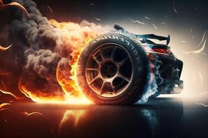 3d Rendern , Sport Auto Rennen auf Rennen Spur mit Feuer Verbrennung , Auto Rad drifting.ai generiert foto