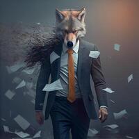 Wolf im passen im Wut, er Tränen Blätter von Papier, wütend Boss . ai generiert foto
