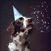 süß Hund mit ein Party Hut feiern ihr Geburtstag, Konfetti fallen. ai generiert foto