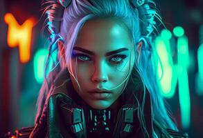 Foto Cyberpunk Frau Porträt futuristisch Neon- Stil. ai generiert