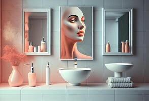 voll von feminin Kosmetika vereinbart worden um ein sinken im ein modern Badezimmer. ai generiert. foto