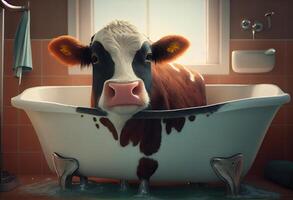 süß Kuh im Badewanne , Haustiere Reinigung . ai generiert. foto