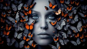 Frau Gesicht kleben aus im das Mitte von ein voll Gruppe von Schmetterlinge. ai generiert. foto