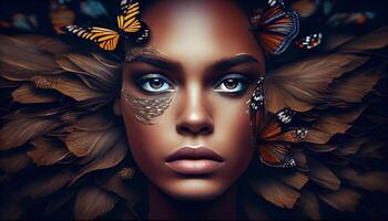 Frau Gesicht kleben aus im das Mitte von ein voll Gruppe von Schmetterlinge. ai generiert. foto