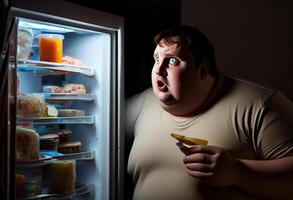 hungrig fettleibig Mann suchen beim Essen im das Kühlschrank beim Zuhause beim Nacht. ai generiert. foto