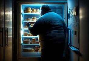 hungrig fettleibig Mann suchen beim Essen im das Kühlschrank beim Zuhause beim Nacht. ai generiert. foto