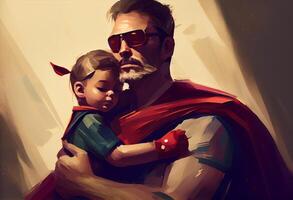 glücklich Vaters Tag. ein Papa im ein Superheld Kostüm ist halten ein Tochter. ai generiert. foto