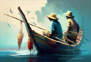 Illustration Gemälde von Fischer mit Angeln Stange auf Boot. ai generiert. foto