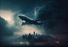 Passagier Flugzeug fliegt im ein Sturm Über das Stadt . ai generiert. foto