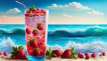 Erdbeeren Sommer- trinken auf Meer Hintergrund. ai generiert. foto