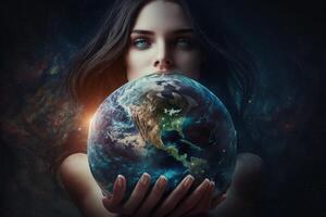 Frau halten Planet Erde im ihr Hände. ai generiert foto