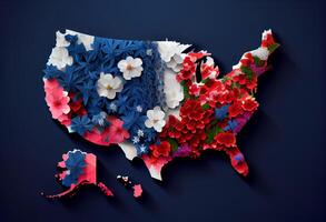 USA Karte gemacht mit Blumen - - Blau, Weiss, rot Hintergrund . ai generiert. foto