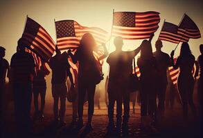 Gruppe von Menschen winken amerikanisch Flaggen im zurück zündete. ai generiert. foto