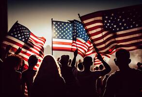 Gruppe von Menschen winken amerikanisch Flaggen im zurück zündete. ai generiert. foto