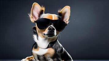 ein süß Chihuahua tragen Sonnenbrille auf schwarz Hintergrund. ai generiert foto