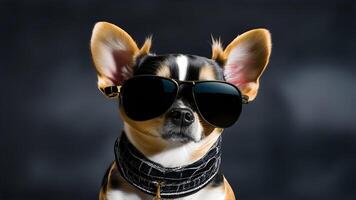 ein süß Chihuahua tragen Sonnenbrille auf schwarz Hintergrund. ai generiert foto