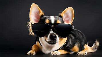 ein süß Chihuahua tragen Sonnenbrille auf schwarz Hintergrund. ai generiert foto