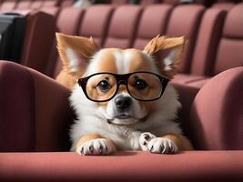 süß Hund Aufpassen ein Film im Kino Brille. ai generiert foto