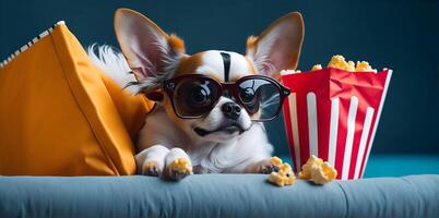 süß Chihuahua Aufpassen ein Film im Kino Brille mit Popcorn. ai generiert foto