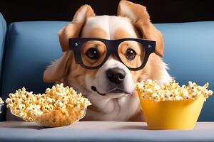 süß Hund Aufpassen ein Film im Kino Brille. ai generiert foto