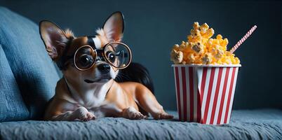 süß Chihuahua Aufpassen ein Film im Kino Brille mit Popcorn. ai generiert foto